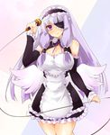  akikaze_tsumuji bare_shoulders breasts cleavage_cutout detached_sleeves dream_c_club dream_c_club_(series) eyepatch headdress large_breasts maid mari_(dream_c_club) microphone miniskirt purple_eyes purple_hair ribbon skirt solo wings 