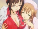 breast_grab breasts cleavage doctor glasses grabbing large_breasts nurse smile yuri 