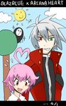  1girl ahoge aino_heart april_fools arakune arcana_heart bad_id bad_pixiv_id blazblue copyright_name crossover grey_hair heart_ahoge nobori_ranzu pink_hair ragna_the_bloodedge short_hair very_short_hair 