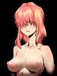  bow_(bhp) breasts hair_over_eyes large_breasts nipples original pink_hair red_hair solo 