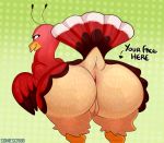  2017 anus arrow avian beak bent_over big_butt bird black_eyes butt cleft_of_venus dotted_background english_text eyelashes feathers female feral half-closed_eyes huge_butt looking_back miitopia multicolored_feathers nintendo nude pattern_background presenting presenting_hindquarters pussy rear_view red_feathers simple_background smile solo somescrub text turkey twerkey video_games white_feathers wide_hips 