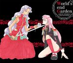  bindi blue_eyes dark_skin dress epaulettes flower green_eyes himemiya_anthy long_hair multiple_girls pink_hair purple_hair red_dress rose shoujo_kakumei_utena sword tassel tenjou_utena uniform wavy_hair weapon 