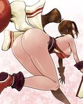  ass bent_over breasts brown_eyes brown_hair fan fatal_fury highleg large_breasts legs long_hair nek revealing_clothes shiranui_mai sideboob simple_background solo the_king_of_fighters 