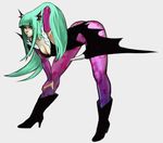  adjusting_hair aqua_eyes aqua_hair bad_id bad_pixiv_id bare_shoulders bat_wings bent_over boots breasts bridal_gauntlets cleavage demon_girl elbow_gloves fingerless_gloves gloves green_eyes green_hair hand_on_own_knee head_wings large_breasts leotard long_hair mochimainosuke morrigan_aensland pantyhose solo succubus vampire_(game) wings 