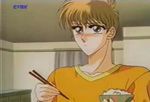  blush brown_hair chopsticks eating food level_c male_focus plate screencap solo 