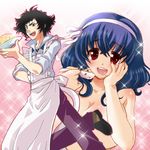  1girl apron black_hair blue_hair food fried_rice joshua_phrygianos nerune red_eyes seikon_no_qwaser short_hair topless yamanobe_tomo 