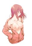  bare_shoulders breasts brown_hair fate/stay_night fate_(series) fue_(rhomphair) hands_on_hips large_breasts mitsuzuri_ayako nipples no_bra no_legs open_clothes profile simple_background solo undressing white_background 