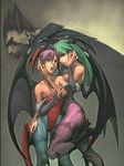  capcom darkstalkers demitri_maximoff demon_girl green_eyes green_hair lilith_aensland morrigan_aensland pink_hair red_eyes siblings succubus vampire_(game) yuri 