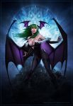  admira_wijaya animal_print bare_shoulders bat_print bat_wings breasts cleavage demon_girl elbow_gloves gloves green_eyes head_wings large_breasts long_hair magic_circle morrigan_aensland pantyhose print_legwear purple_wings realistic solo succubus vampire_(game) wings 