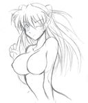  ;) breasts greyscale headgear hetano_yokozuki index_finger_raised large_breasts long_hair looking_at_viewer monochrome neon_genesis_evangelion non-web_source nude one_eye_closed simple_background smile solo souryuu_asuka_langley very_long_hair white_background 