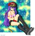  bad_id bad_pixiv_id boots bow breasts cleavage cosplay crescent gloves hair_bow hat highres knee_boots large_breasts libus long_hair macross macross_frontier microphone patchouli_knowledge purple_eyes purple_hair sheryl_nome sheryl_nome_(cosplay) shorts solo touhou 