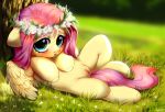  2019 blush equine feathered_wings feathers female feral fluttershy_(mlp) friendship_is_magic grass hair looking_at_viewer lying mammal my_little_pony on_back outside pegasus pussy solo spread_legs spreading tree vensual99 wings 