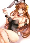  animal_ears bare_legs bare_shoulders bow bowtie breasts brown_eyes brown_hair bunny_ears bunnysuit cleavage hair_ribbon large_breasts long_hair original ribbon solo suoni_(deeperocean) wrist_cuffs 