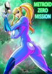  ass blonde_hair blue_eyes breasts erect_nipples gun huge_breasts latex metroid metroid_zero_mission nintendo pixiv_thumbnail resized samus_aran standing waku-jinpei weapon zero_suit 