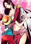  1girl age_difference bad_id bad_pixiv_id black_hair boa_hancock breasts cleavage earrings food futaba_hazuki hat heart height_difference hug jewelry long_hair meat medium_breasts midriff monkey_d_luffy one_piece plate straw_hat 