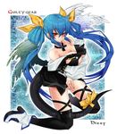  bare_shoulders blue_hair boots breasts choker cleavage detached_sleeves dizzy feathers guilty_gear kyouhei large_breasts red_eyes ribbon solo tail thighhighs underboob wings 
