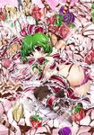  bow cake food fruit garter_straps green_hair hair_ribbon in_food kagiyama_hina lastlong lingerie long_hair minigirl red_eyes ribbon solo spoon strawberry thighhighs touhou underwear 