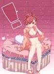  1girl bad_id bad_pixiv_id bikini bow breasts female_protagonist_(persona_3) heart ironmaskbear large_breasts legs persona persona_3 persona_3_portable red_eyes sandals sitting solo swimsuit 