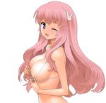  a1 baka_to_test_to_shoukanjuu bikini_top breasts hair_ornament hairclip himeji_mizuki large_breasts long_hair nipples one_eye_closed open_mouth pink_hair purple_eyes smile solo 