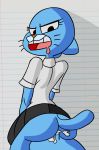  2017 anthro blue_fur butt cartoon_network clothed clothing cum cum_inside domestic_cat drooling duo felid feline felis female fur hi_res looking_back male male/female mammal mature_female nicole_watterson notebook_paper_background on_top panties raised_skirt rear_view reverse_cowgirl_position saliva sex simple_background skitterleaf teeth the_amazing_world_of_gumball underwear whiskers zambs 