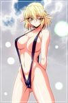  bad_id bad_pixiv_id blonde_hair breasts cleavage green_eyes large_breasts mizuhashi_parsee ootsuki_wataru slingshot_swimsuit solo swimsuit touhou 