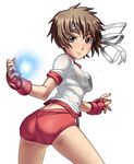  alternate_costume ass brown_eyes brown_hair buruma fingerless_gloves gloves gym_uniform hands headband highres impossible_clothes impossible_shirt kasugano_sakura see-through shirt short_hair solo street_fighter street_fighter_iv_(series) sweat tabigarasu tight 