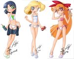  3girls blonde_hair blossom_(ppg) blue_eyes blue_hair blush bubbles_(ppg) buttercup_(ppg) green_eyes powerpuff_girls red_eyes red_hair seiryuga smile swimsuit 