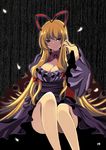  adjusting_hair arm_up bad_id bad_pixiv_id blonde_hair bow breasts cleavage eyes hair_bow highres large_breasts legs long_hair naughty_face red_eyes roh_nam_kyung solo thighs touhou yakumo_yukari 