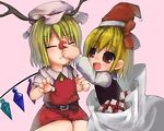  :d bad_id bad_pixiv_id blonde_hair christmas closed_eyes fangs flandre_scarlet gift hat in_container lowres multiple_girls open_mouth red_eyes red_nose rumia rune_(solitonbeam) sack santa_hat short_hair smile touhou wince wings 