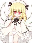  asymmetrical_clothes blonde_hair blush dress drill_hair hat luna_child navel open_clothes open_dress panties red_eyes ry short_hair single_thighhigh solo thighhighs touhou underwear white_legwear white_panties wings 