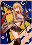  ahoge as_val as_val_(girls_frontline) assault_rifle bangs belt bikini blonde_hair blue_eyes breasts brown_coat cleavage coat commentary girls_frontline glasses gun hair_ornament hairclip highres holding holding_gun holding_weapon lithium10mg long_hair long_sleeves looking_at_viewer medium_breasts midriff miniskirt open_clothes open_coat open_mouth red_scarf rifle scarf short_hair sidelocks skirt solo striped striped_bikini stuffed_animal stuffed_toy swimsuit teddy_bear thighhighs weapon 