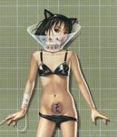  animal_ears bandages bra cat_ears copyright_request elizabethan_collar intravenous_drip lingerie lowleg nail_polish navel panties panty_pull scar solo stitches stomach trevor_brown underwear underwear_only 