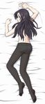  absurdres ass black_hair black_legwear bra crotch_seam dakimakura feet full_body highres ikezawa_hanako katawa_shoujo long_hair looking_back lying on_stomach panties panties_under_pantyhose pantyhose pimmy purple_eyes scar solo underwear white_bra white_panties 