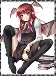  bad_id bad_pixiv_id bat_wings book head_wings koakuma long_hair mochi.f panties pointy_ears red_eyes red_hair sitting solo spread_legs thighhighs touhou underwear wings 