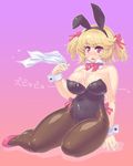  animal_ears blonde_hair breasts bunny_ears bunnysuit cleavage curvy fax_ogawa handkerchief huge_breasts original pantyhose red_eyes sexually_suggestive short_hair snot solo thick_thighs thighs twintails 