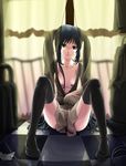  android bad_id bad_pixiv_id black_hair breasts checkered checkered_floor covering curtains green_eyes long_hair medium_breasts naked_sheet nude nude_cover original perspective robot_joints sitting solo spread_legs sukabu thighhighs twintails 