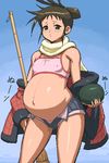  brown_eyes brown_hair cerberus cerberus_(manga) denim denim_shorts flat_chest frown kamisaki_yoyo_(cerberus) oekaki panties pregnant scarf shorts striped striped_panties tenseiani underwear 