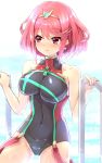  1girl bare_shoulders blush breasts competition_swimsuit female gem hair_ornament headpiece highres homura_(xenoblade_2) jewelry large_breasts navel nintendo one-piece_swimsuit pink_eyes pink_hair pool red_eyes red_hair short_hair skin_tight smile solo swimsuit tiara water xenoblade xenoblade_(series) xenoblade_2 