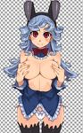  animal_ears areolae bad_id bad_pixiv_id black_legwear blue_hair blush bow bow_panties bowtie breasts bunny_ears covering covering_breasts drill_hair fingernails frills kusanagi_tonbo large_breasts long_fingernails long_hair nail_polish no_bra no_pants open_clothes open_shirt original panties red_eyes shirt side-tie_panties smile solo standing thighhighs underwear 