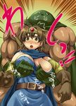  1girl :o ahoge belt blush breast_grab breasts brown_eyes brown_hair cape circlet cleavage covered_nipples dark_skin dragon_quest dragon_quest_iii dress earrings gloves grabbing groping hood hood_(dragon_quest) jewelry kandar kumacchi large_breasts monster muscle no_bra open_mouth roto short_hair surprised surprised_arms sword translation_request weapon 