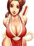  bare_shoulders breasts brown_eyes brown_hair cleavage closed_fan curvy fan fatal_fury folding_fan hair_ribbon huge_breasts japanese_clothes kuroneco lips pelvic_curtain ponytail ribbon shiranui_mai simple_background solo the_king_of_fighters 
