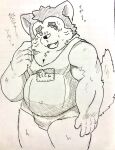  anthro belly biceps blush canid canine canis clothing domestic_dog embarrassed eyebrows japanese_text kogure014 lifewonders live_a_hero male mammal mokdai musclegut navel school_swimsuit solo swimwear text thick_eyebrows traditional_media_(artwork) 