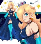  1girl artist_name blonde_hair blue_background blue_eyes blush closed_eyes crown dress earrings fingerless_gloves floating full_body galaxy gloves hair_over_one_eye highres jewelry karbuitt long_hair looking_at_viewer mario_(series) rosalina simple_background smile solo star_(symbol) star_earrings super_mario_galaxy teeth twitter_username white_background 