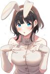  1girl animal_ears bare_shoulders black_hair blue_eyes blush breasts brown_hair button_gap cleavage collarbone detached_sleeves fake_animal_ears flying_sweatdrops grey_shirt hairband hands_on_own_chest highres large_breasts long_sleeves looking_at_viewer multicolored_hair original rabbit_ears shirt simple_background sleeves_past_wrists solo sweatdrop two-tone_hair upper_body white_background white_hairband yupi_mild 