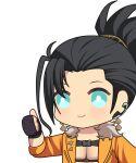  1boy aprob_(meme) black_gloves black_hair blue_eyes chibi earrings fingerless_gloves fur-trimmed_jacket fur_trim gloves highres holostars holostars_english jacket jewelry josuiji_shinri meme naked_jacket open_clothes open_jacket orange_jacket ponytail smile thumbs_up upper_body virtual_youtuber zerorespect_bot 