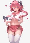  1boy absurdres astolfo_(fate) astolfo_(sailor_paladin)_(fate) black_bow black_panties bow braid braided_ponytail clothes_lift fang fate/grand_order fate_(series) grey_background hair_between_eyes hair_bow hakusyokuto heart highres lifted_by_self looking_at_viewer midriff multicolored_hair navel official_alternate_costume open_mouth otoko_no_ko panties pink_sailor_collar pink_skirt purple_eyes red_skirt sailor_collar school_uniform serafuku simple_background skin_fang skirt stomach streaked_hair sweat thighhighs underwear white_hair white_thighhighs 