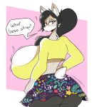  absurd_res anthro big_breasts big_butt black_hair bottomwear breasts butt canid canine canis clothing dialogue domestic_dog eyelashes eyelids female fur hair hi_res huge_breasts hyper hyper_breasts leggings legwear looking_at_viewer looking_back looking_back_at_viewer mammal nonarycubed ponytail rear_view red_eyes shirt short_tail skirt solo speech_bubble tail tan_body tan_fur topwear 