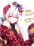  1girl 2020 bodystocking bow chobipero floral_print flower grin hair_bow hair_flower hair_ornament half-closed_eyes japanese_clothes kannagiri_nagamitsu_(tenka_hyakken) kanzashi kimono low_twintails new_year off_shoulder red_eyes signature smile solo tenka_hyakken tsumami_kanzashi twintails white_hair 