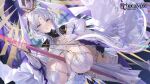  1girl amane_(echocalypse) between_breasts blue_eyes breasts bridal_gauntlets copyright_name crown dress echocalypse grey_hair hair_ornament hand_on_own_chest highres huge_breasts long_hair ouri_(aya_pine) solo white_dress 