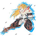  abs anthro bandai_namco blue_eyes claws clothing crotchless_bottomwear crotchless_clothing digimon digimon_(species) digital_itachi7 hair hi_res long_hair male orange_hair simple_background solo spiked_gauntlets spikes spiky_hair stefilmon white_background 